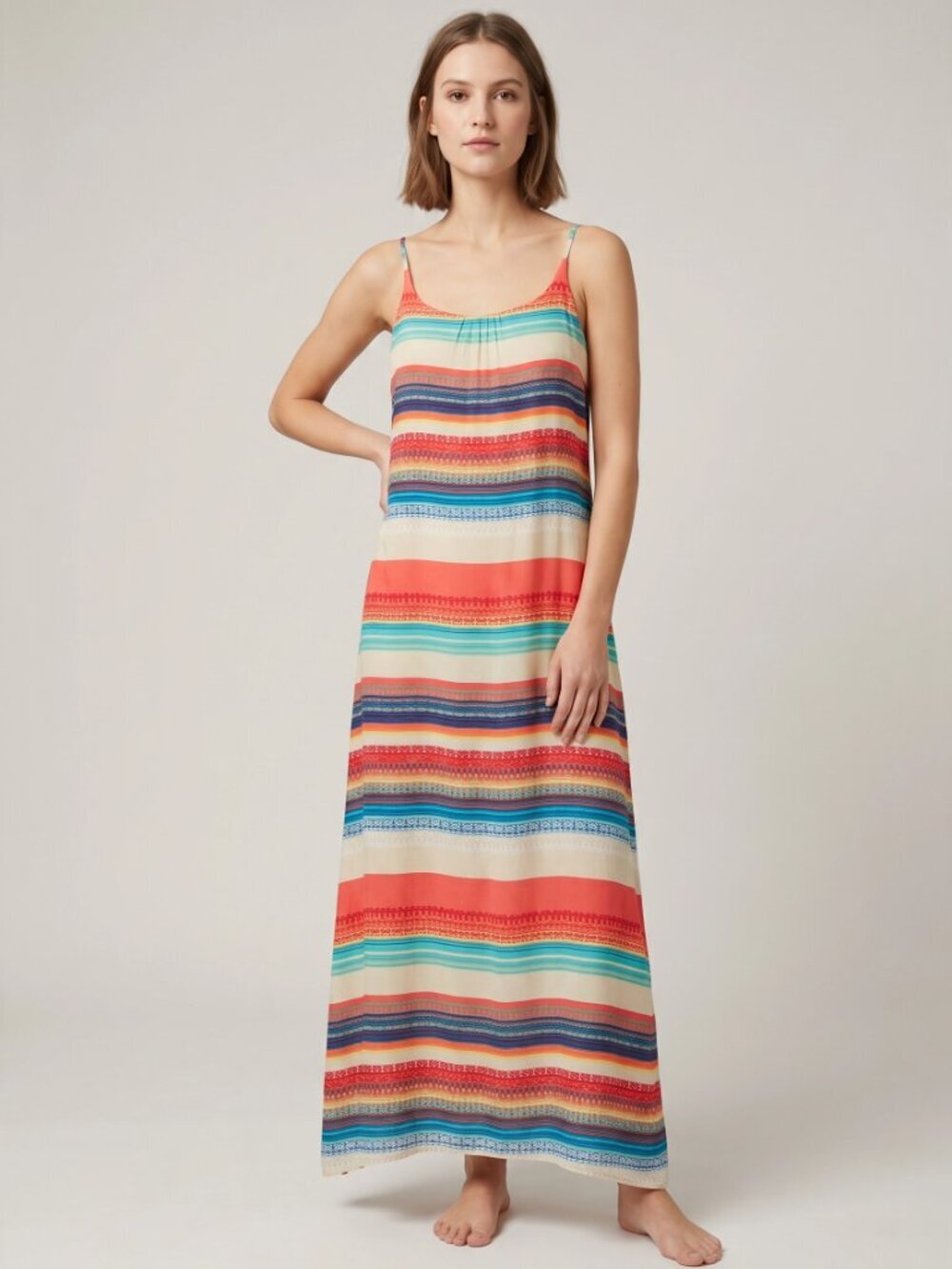 Boho Geometric Tribal Stripe Tie Back Maxi Dress